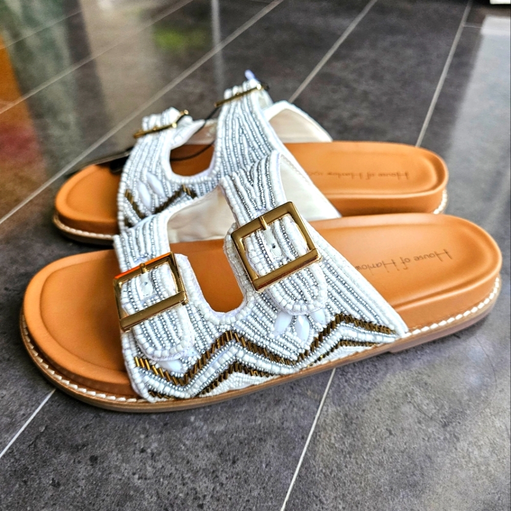 House of Harlow 1960 Gold and White Beaded Sandals 8.5 New